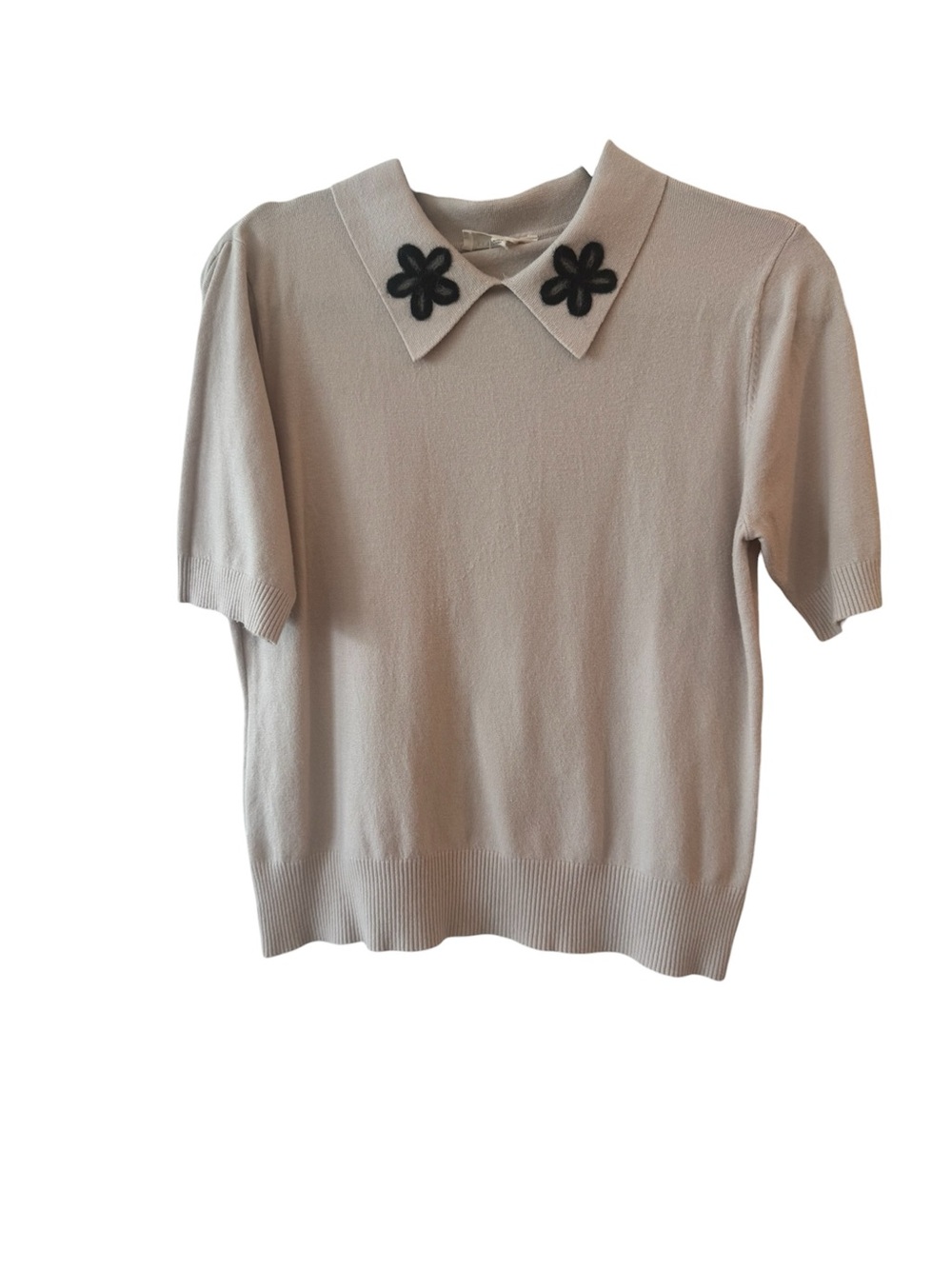 La Vila Milano Beige Knit Top with Black Floral Collar Accents
